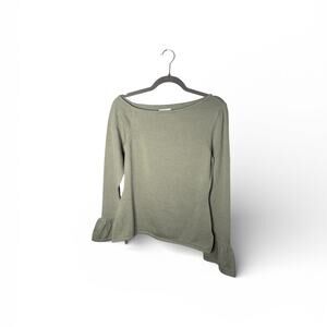 The Drop Olive Green Ribbed Asymmetrical Sweater Ruffle Sleeve Small